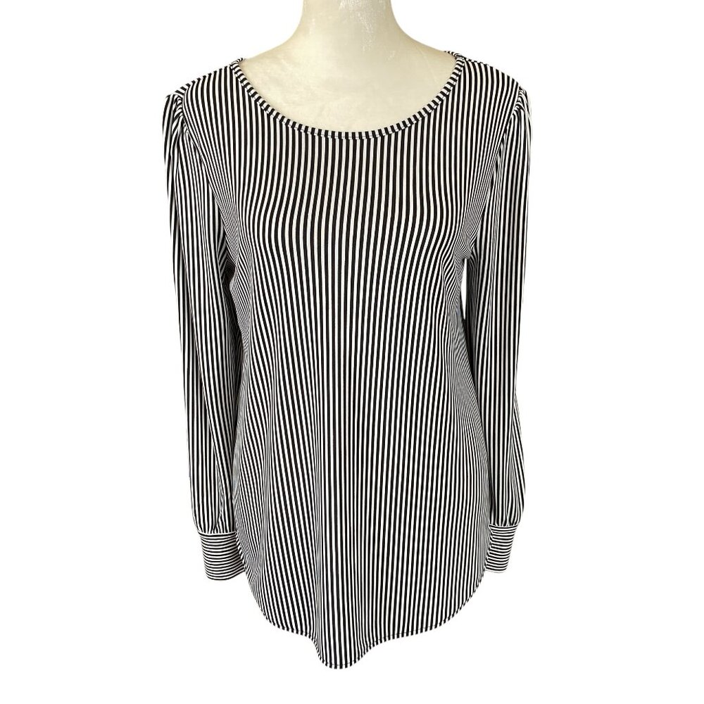 Ann Taylor black and white vertical striped long sleeve pullover stretchy top S